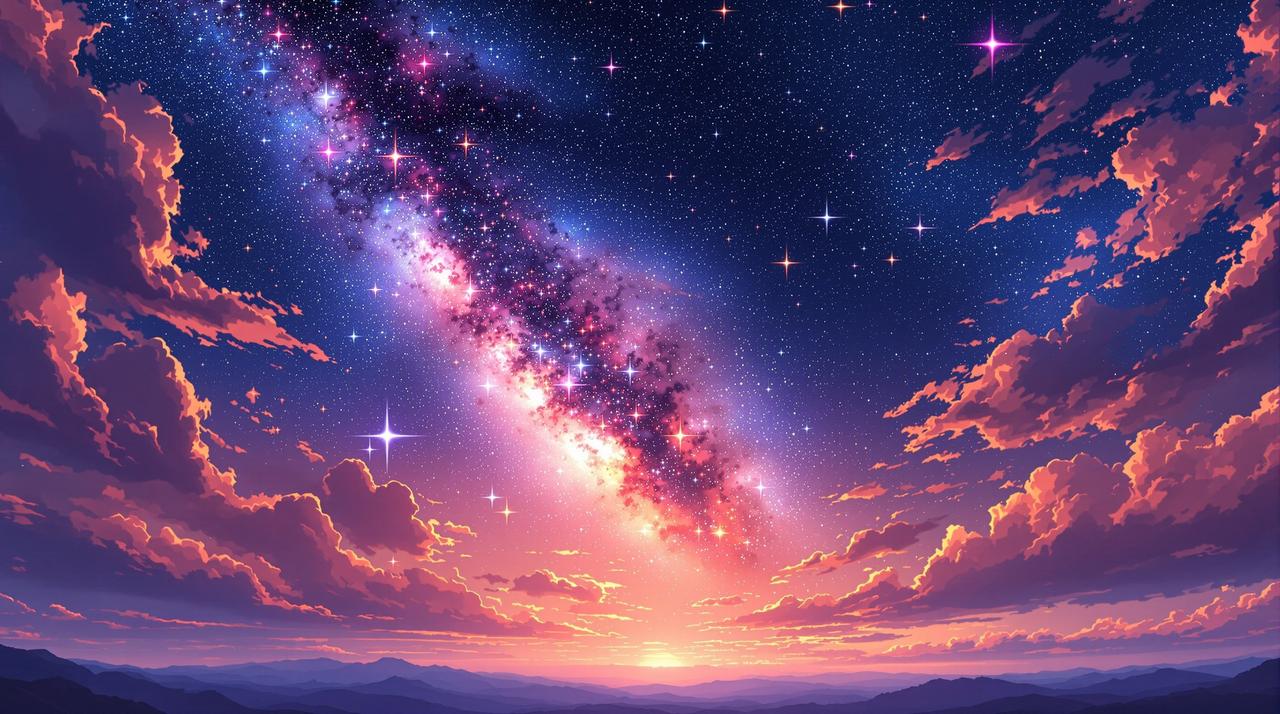 漫画 - 广阔星空背景，璀璨星辰与流星划过夜空